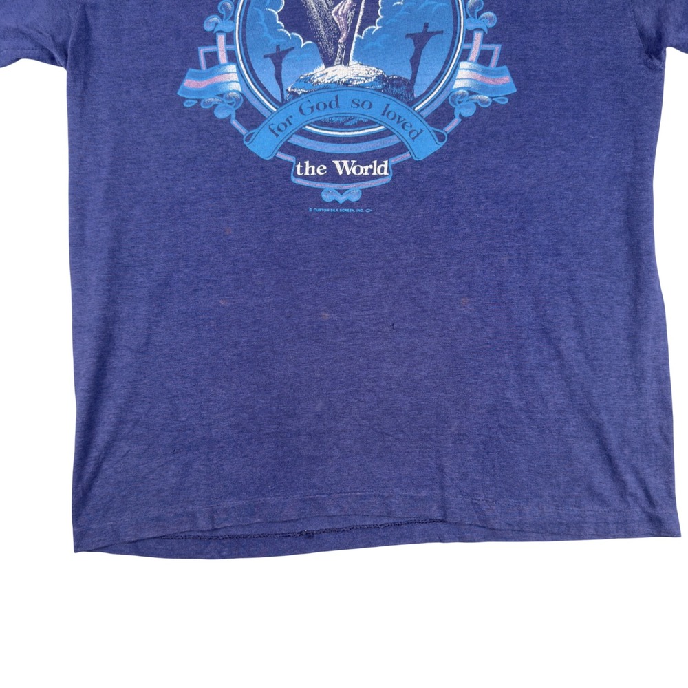 Vtg 80s Christian Jesus Graphic T Shirt Men's M Blue Single Stitch Religious Tee - Picture 4 of 8